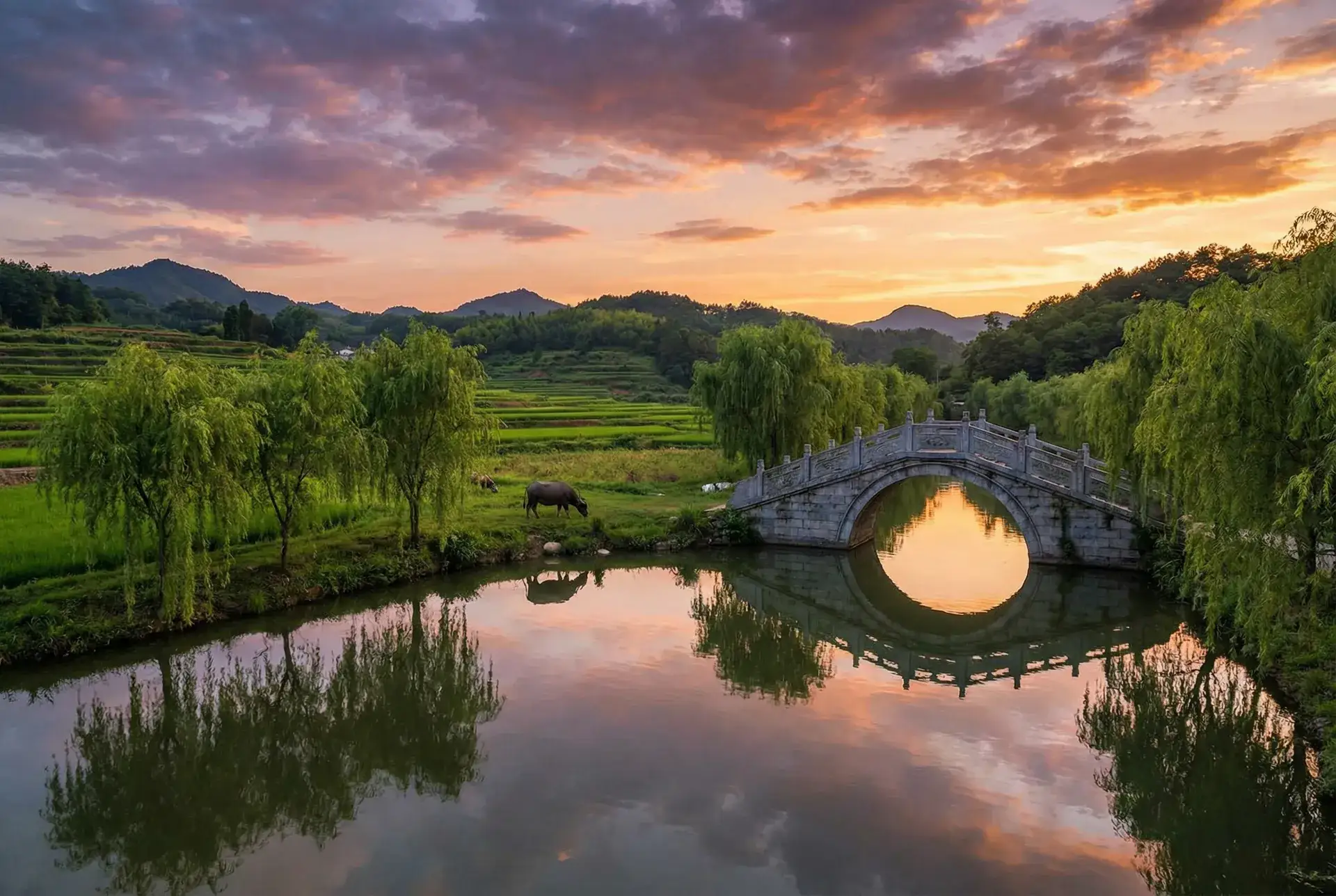 夕阳下的石拱桥与垂柳，水牛在河边吃草 - 透视壁纸王者荣耀 乡村美景